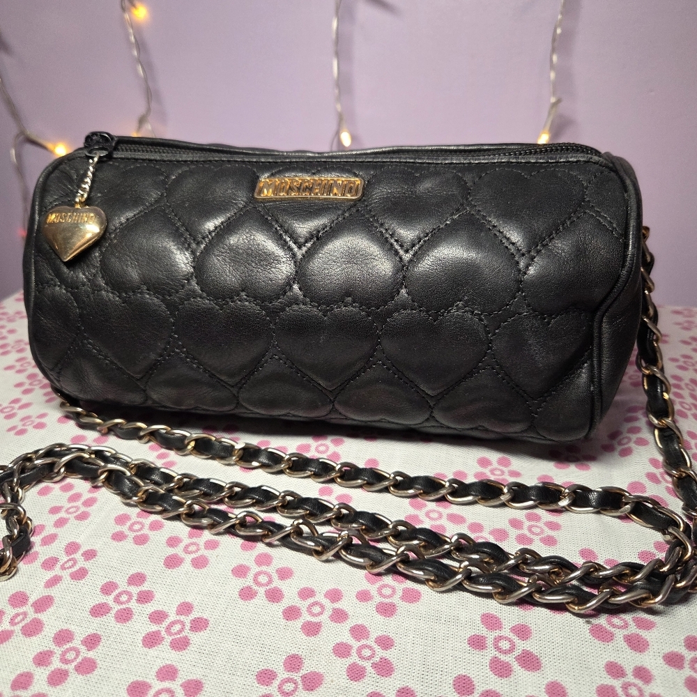 Moschino Black Quilted Heart Crossbody Bag with Gold Hardware